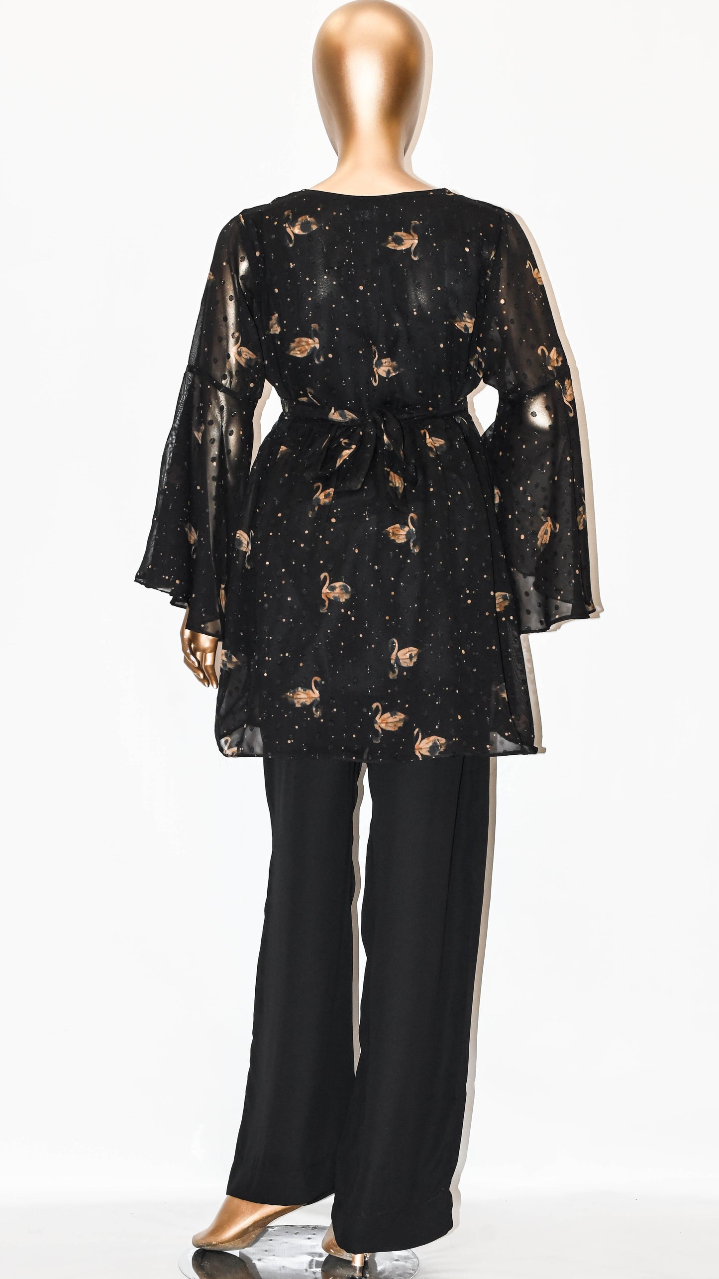 Co-Ord Set Bell Sleeves Floral Leaf On Black