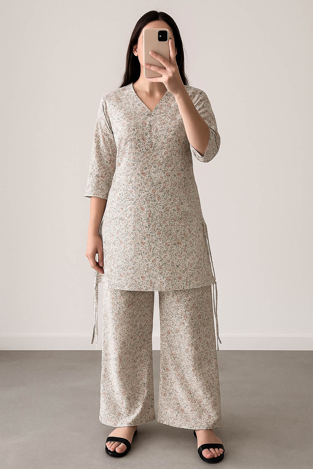 Co-Ord Set V Neck-Ash White Floral