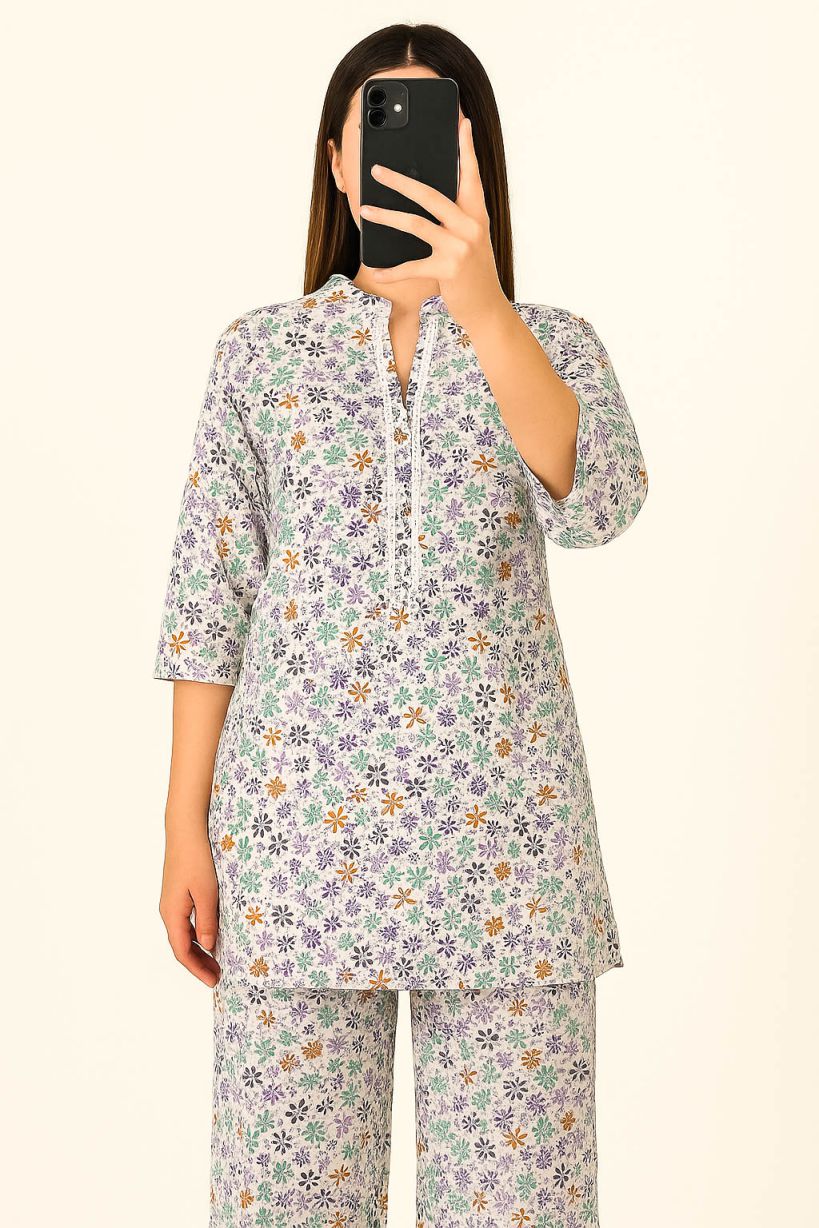 Co-Ord Set Band Neck-White Floral