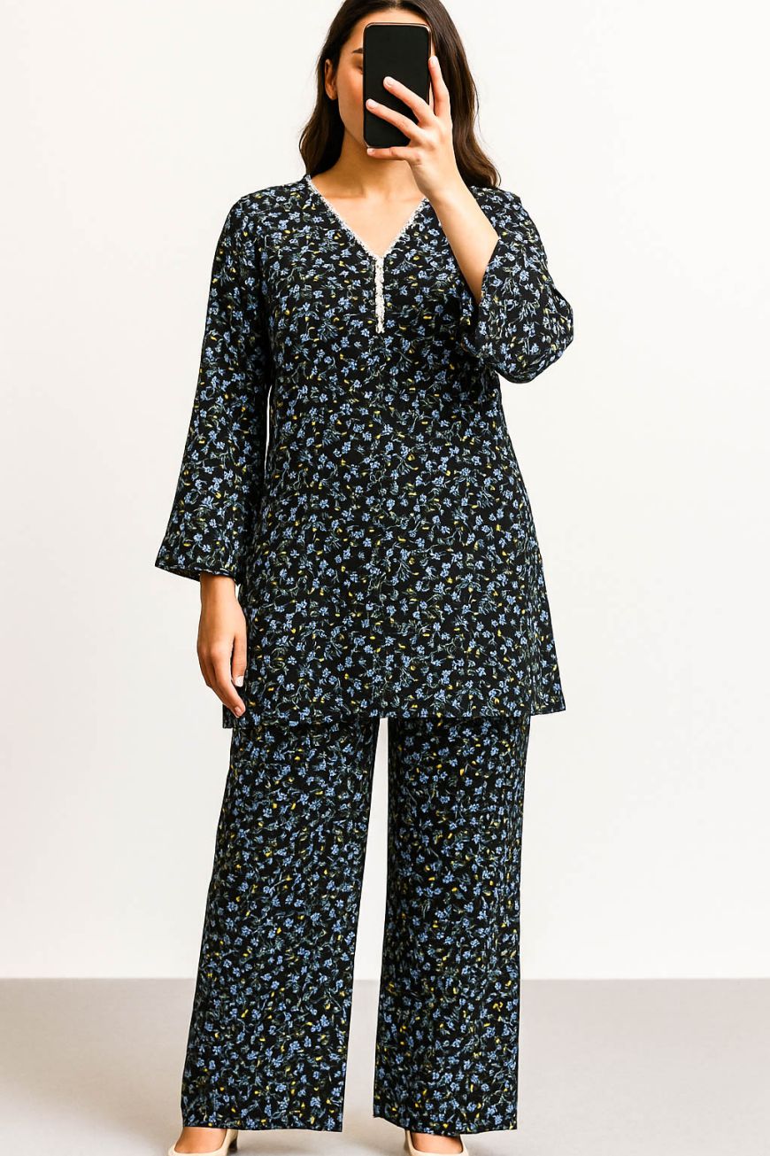 Co-Ord Set V Neck Black Floral