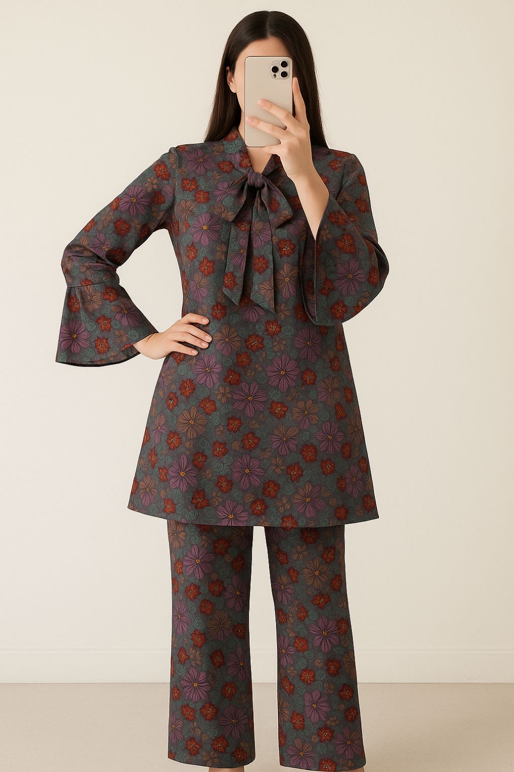 Tie Knot Lawn Co-Ord Set Charcoal Grey Floral