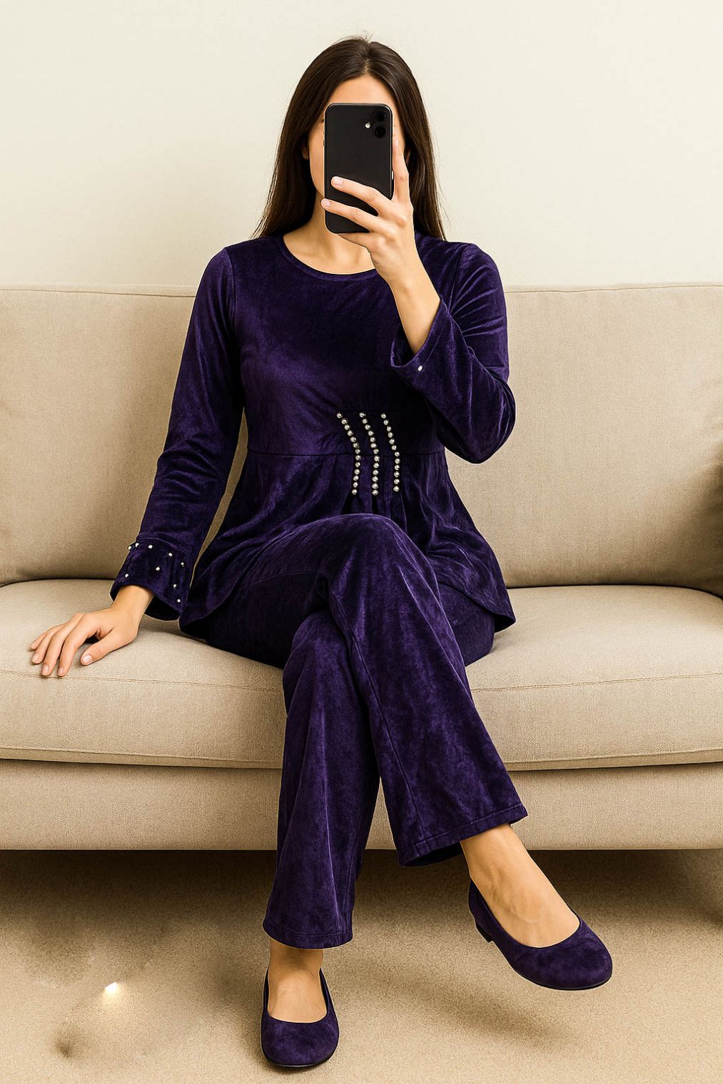 Co-Ord Set Velvet Round Neck-Indigo