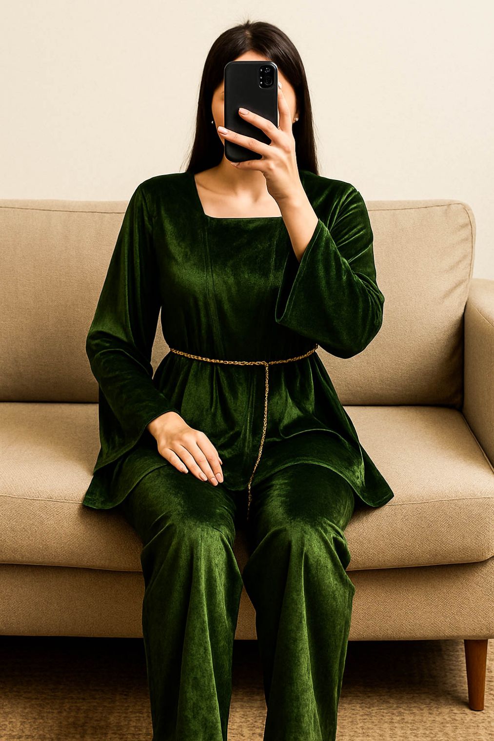 Co-Ord Set Velvet Waist Chain -Commando Green