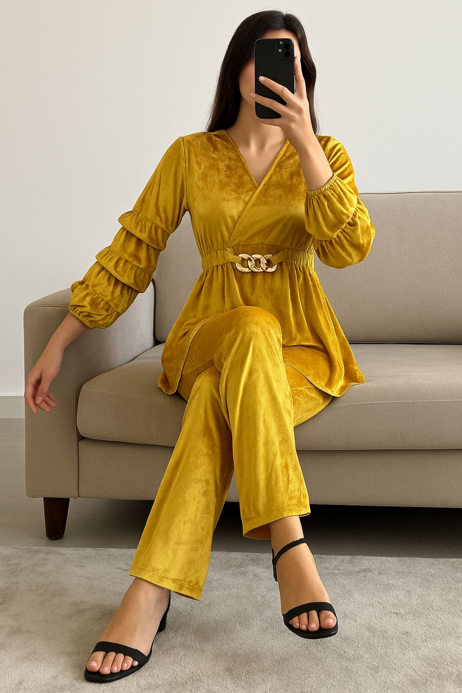 Co-Ord Set Velvet Buckle-Mustered Yellow