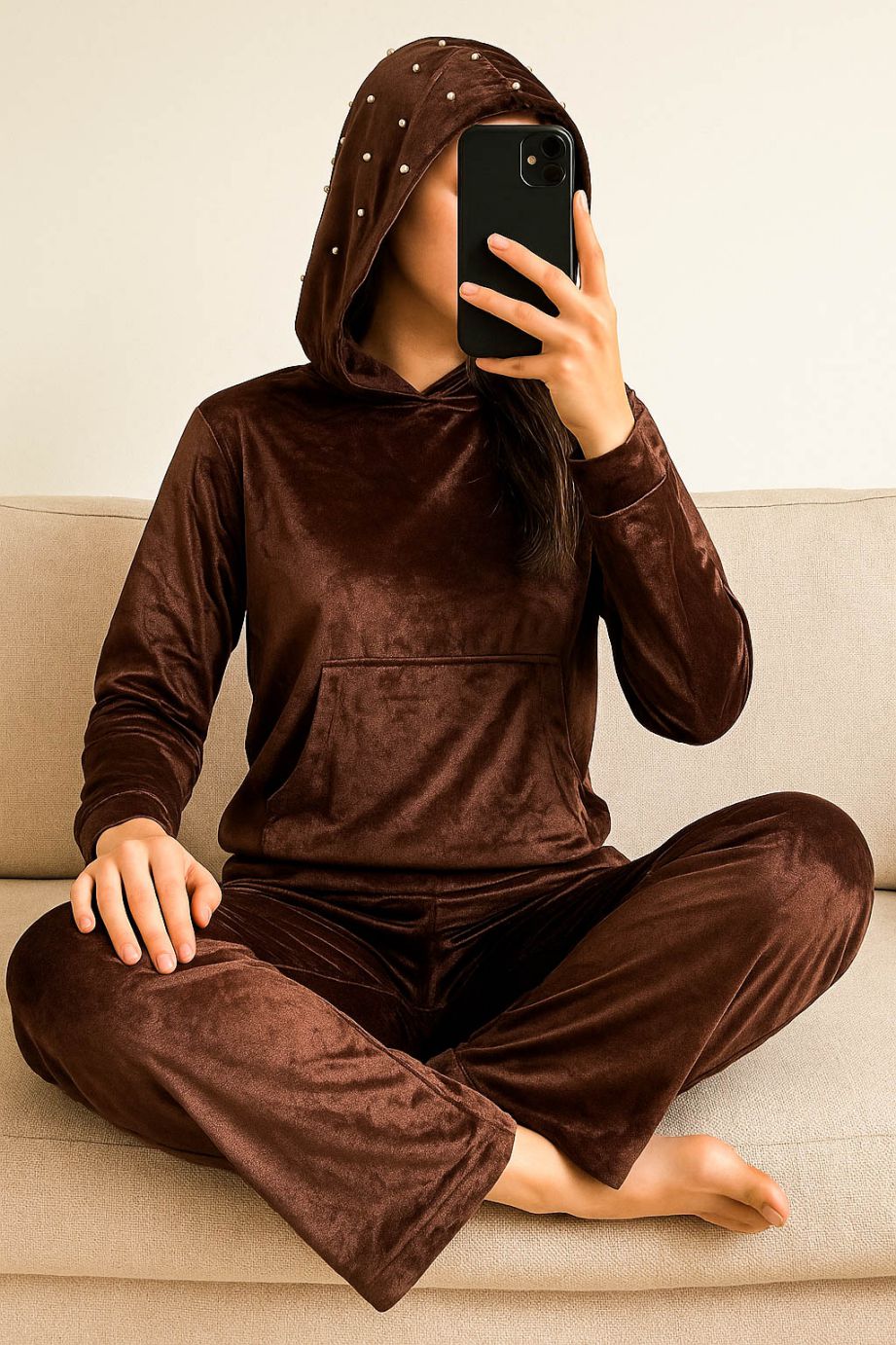 Co-Ord Set Velvet Hoody-Dark Brown