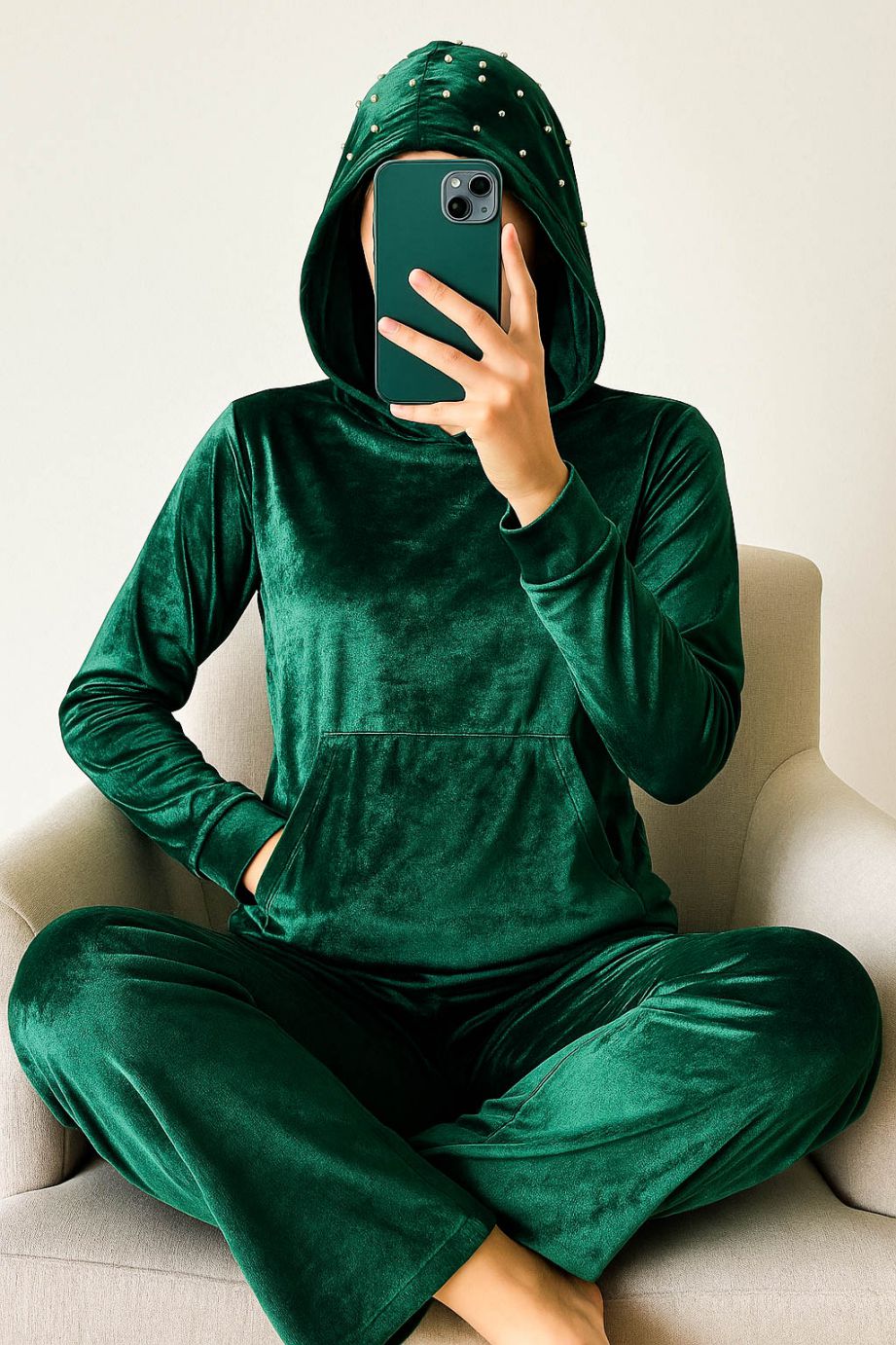 Co-Ord Set Velvet Hoody-Bottle Green