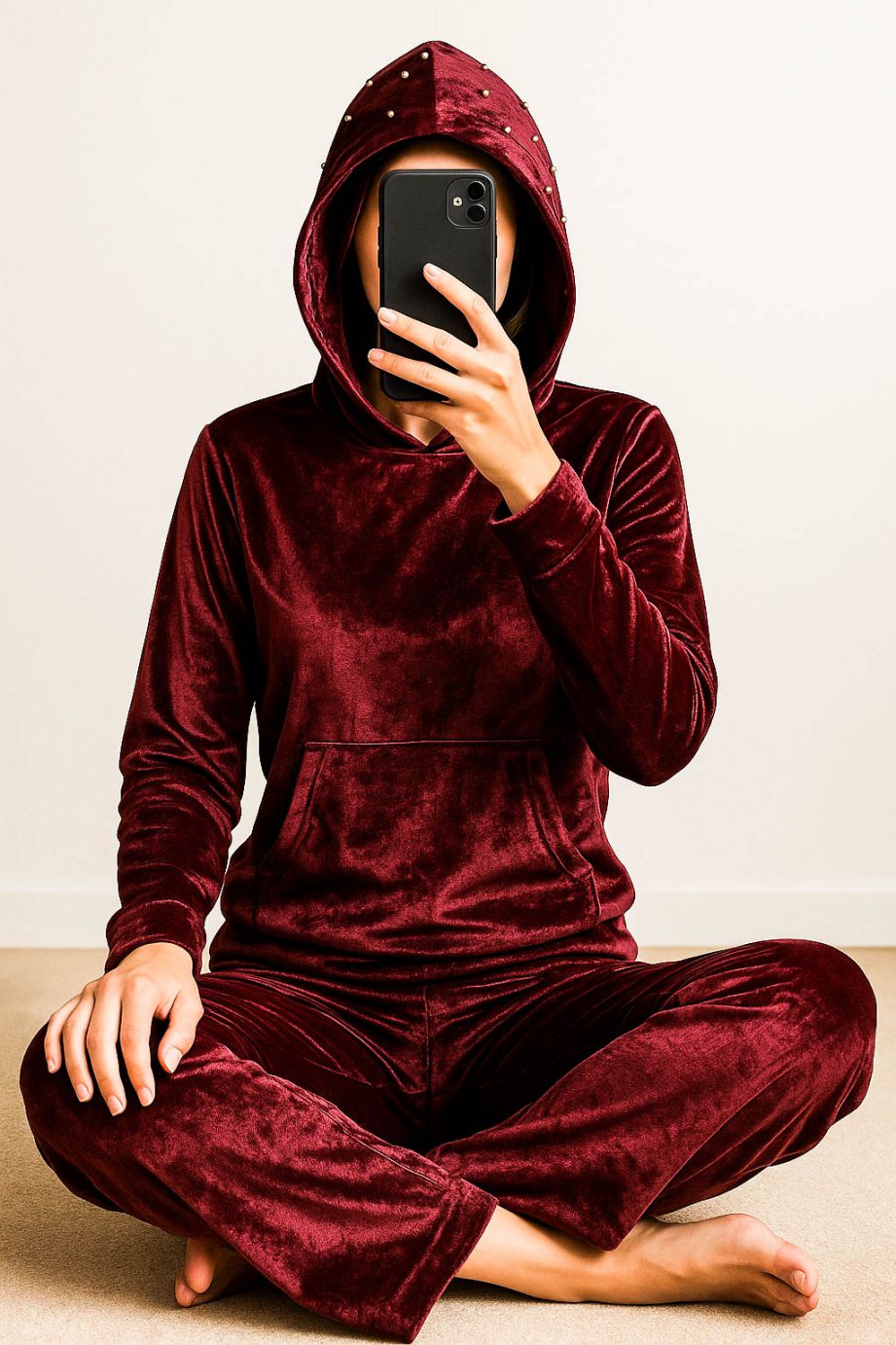 Co-Ord Set Velvet Hoody-Maroon