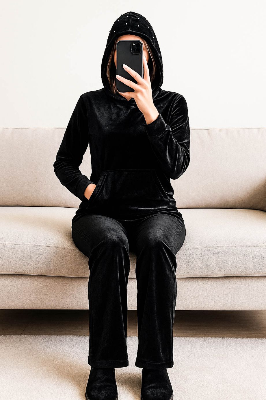 Co-Ord Set Velvet Hoody-Jet Black