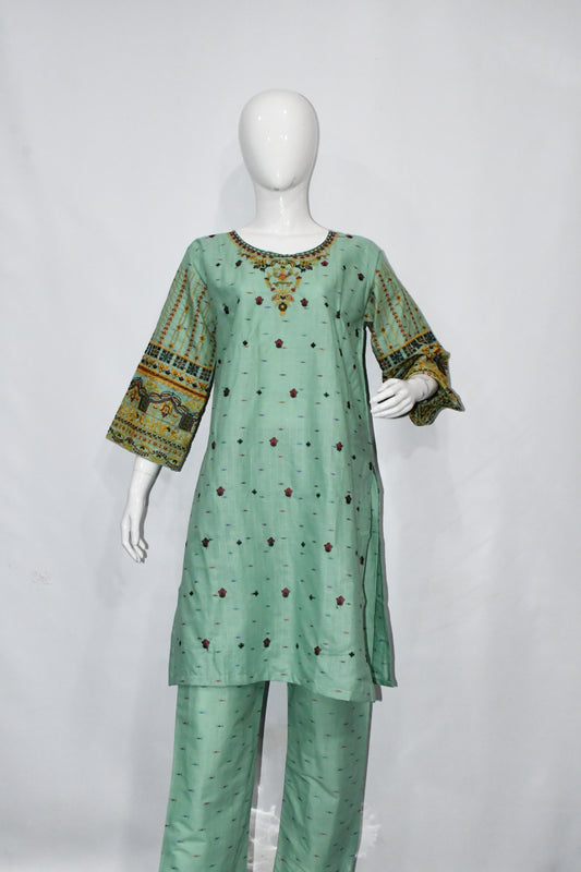 Bindi Cotton Embroidered Bottle Green Two piece