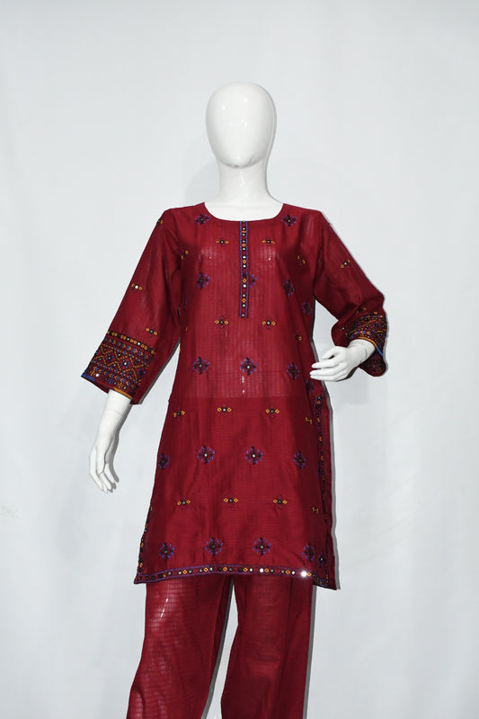 Mirror Styled Embroidered Maroon Shalwar Suit