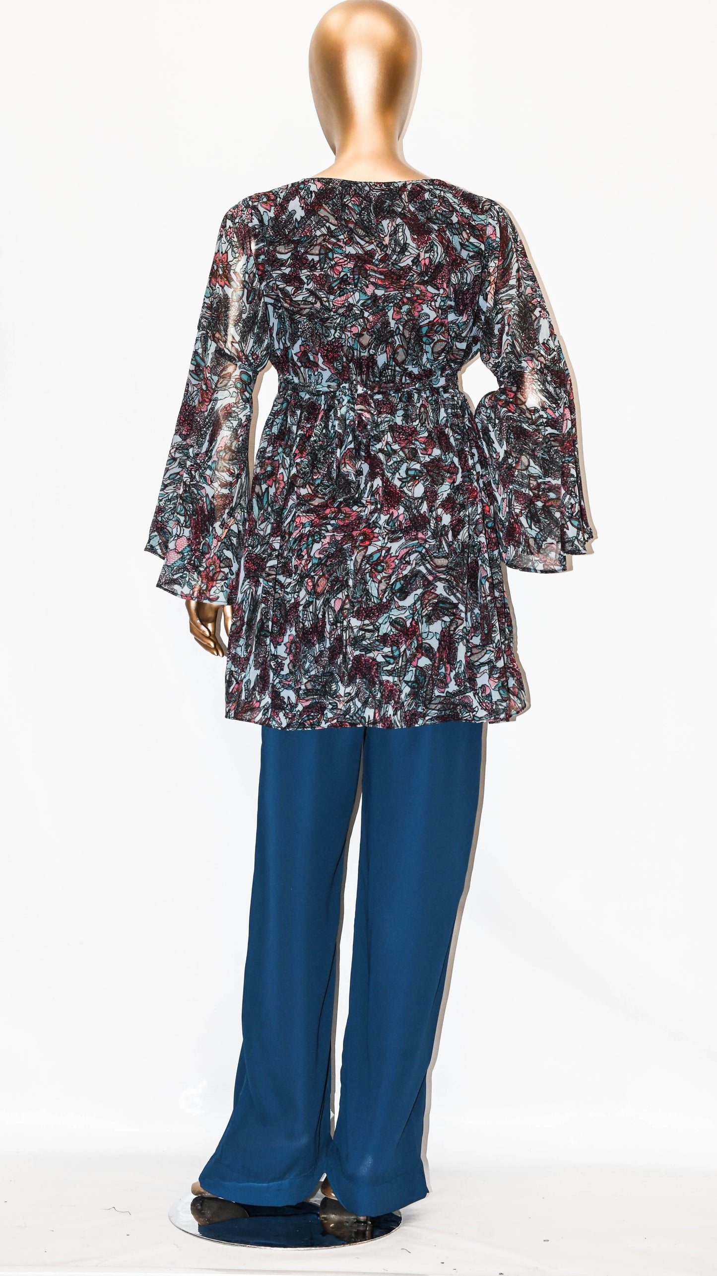 Co-Ord Set Bell Sleeves Floral Blue Ice