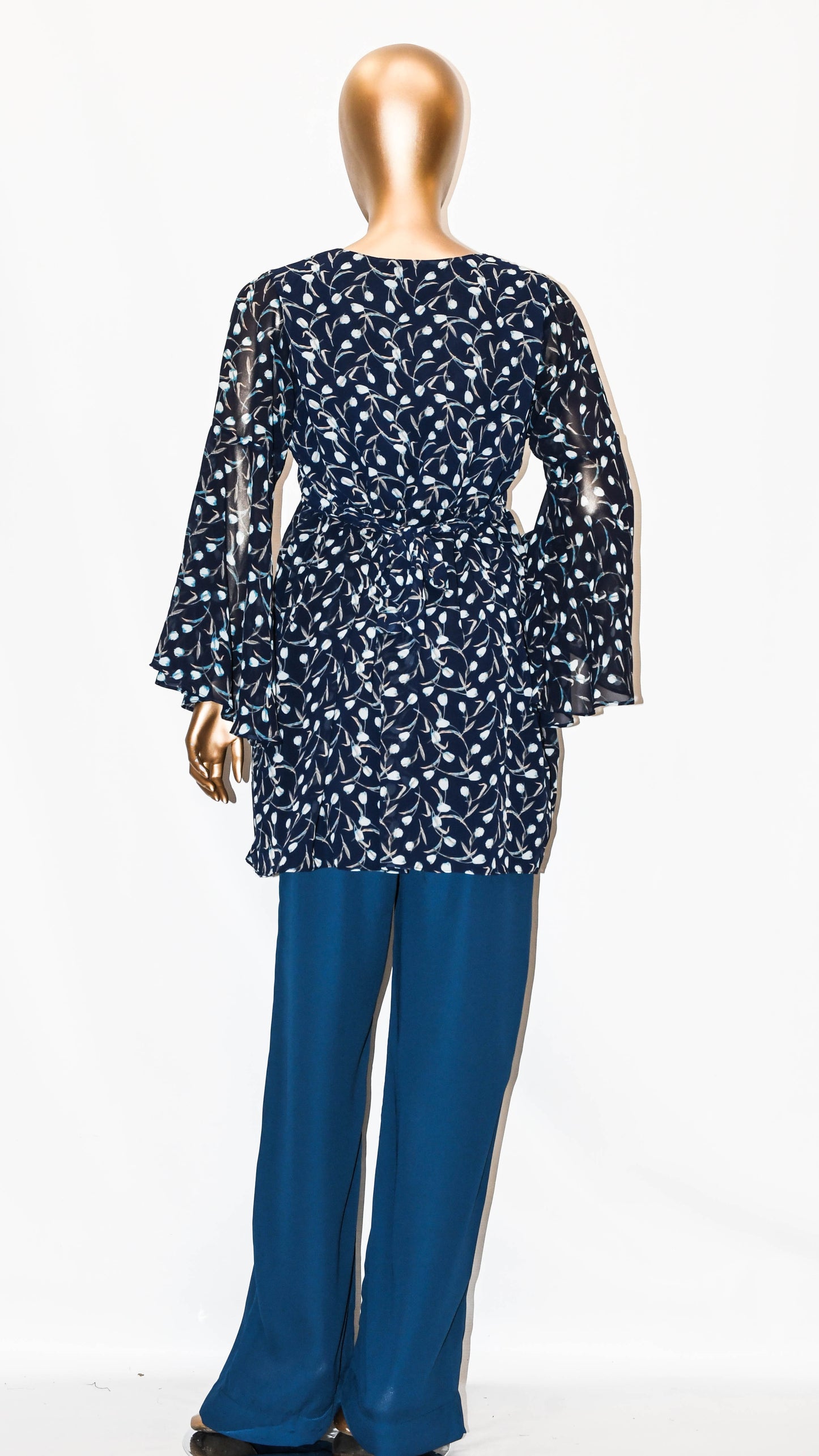 Co-Ord Set Bell Sleeves Floral Navy