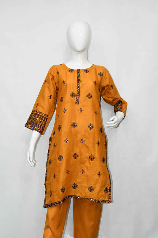 Mirror Styled Embroidered Mustard  Shalwar Suit