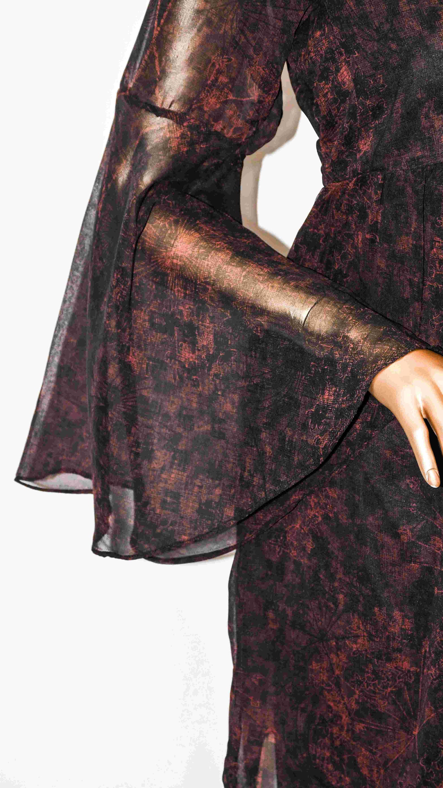 Co-Ord Set Bell Sleeves Floral Dark Brown