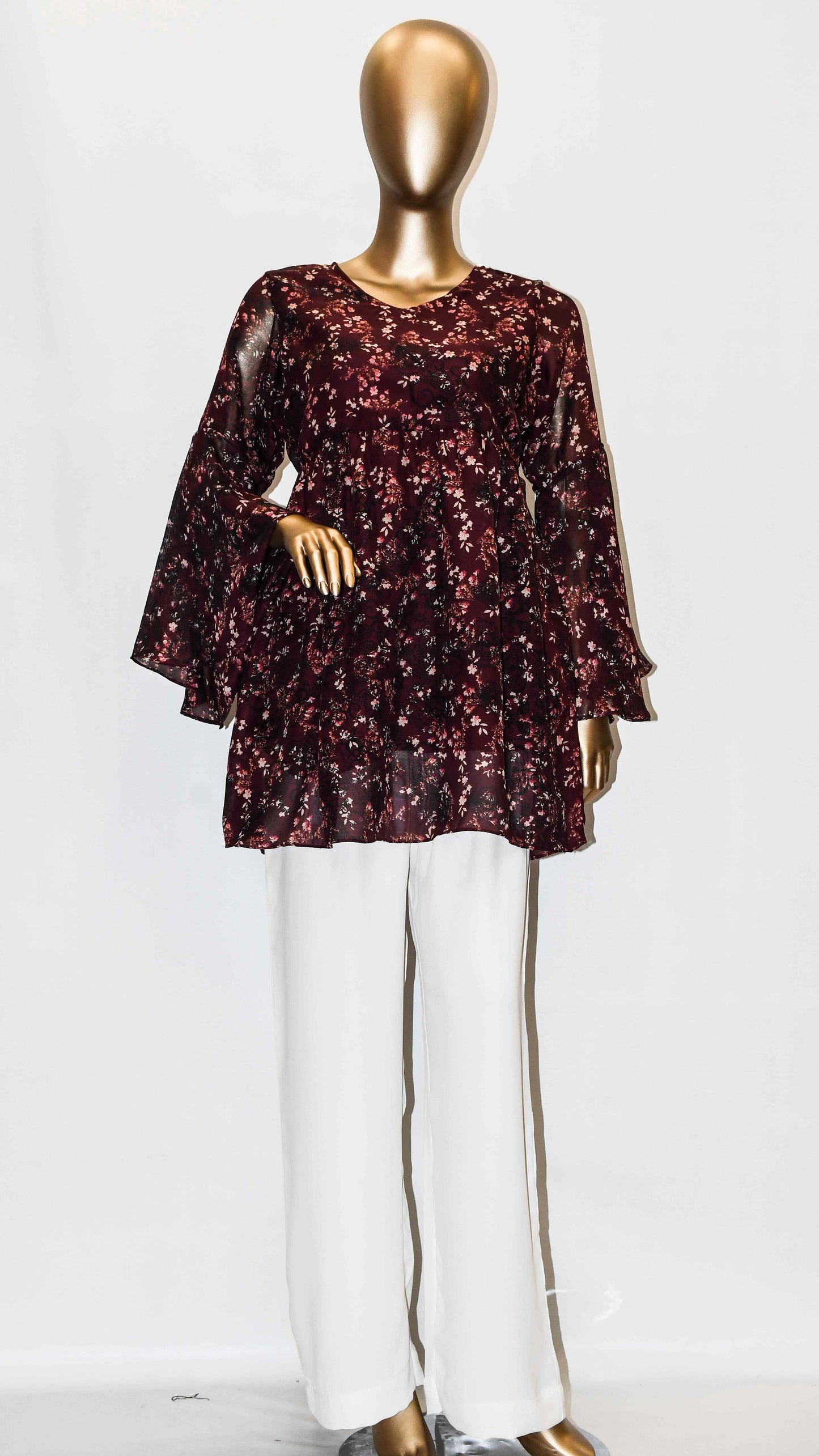 Co-Ord Set Bell Sleeves Floral Maroon