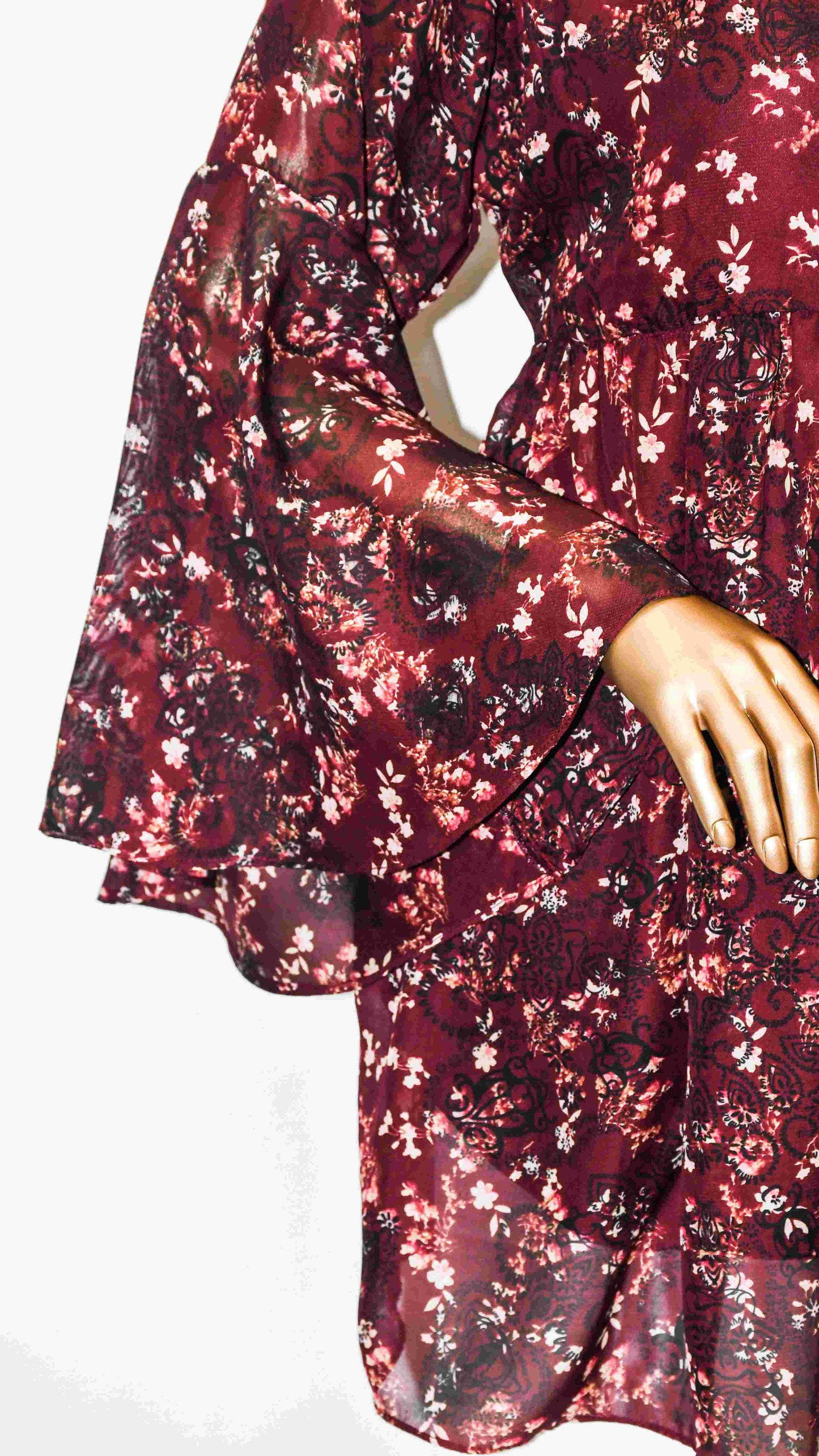 Co-Ord Set Bell Sleeves Floral Maroon