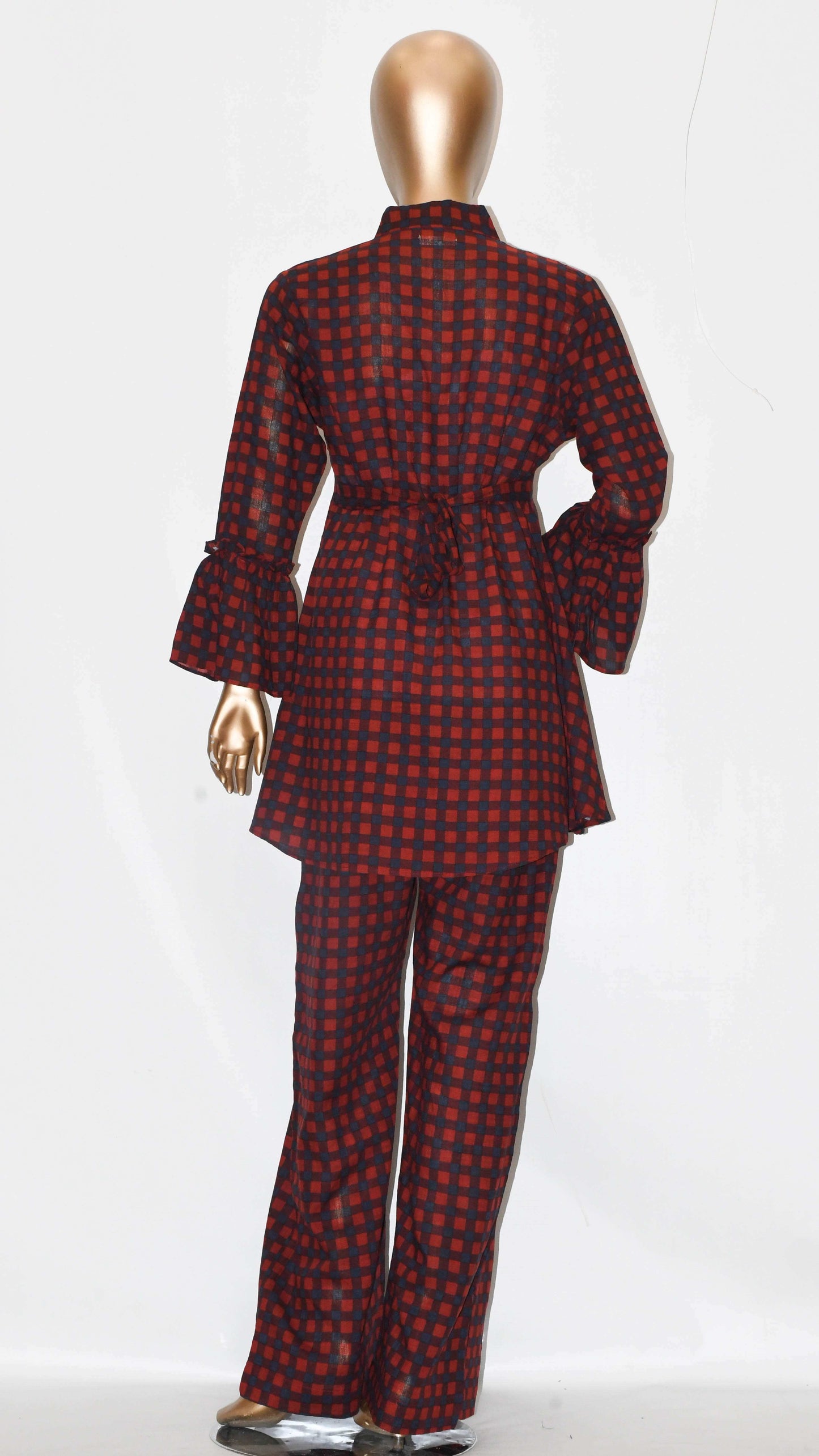 Tie Knot Lawn Co-Ord Set Maroon Check