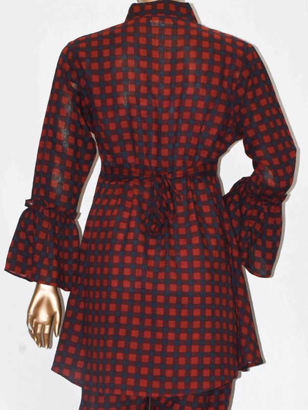 Tie Knot Lawn Co-Ord Set Maroon Check