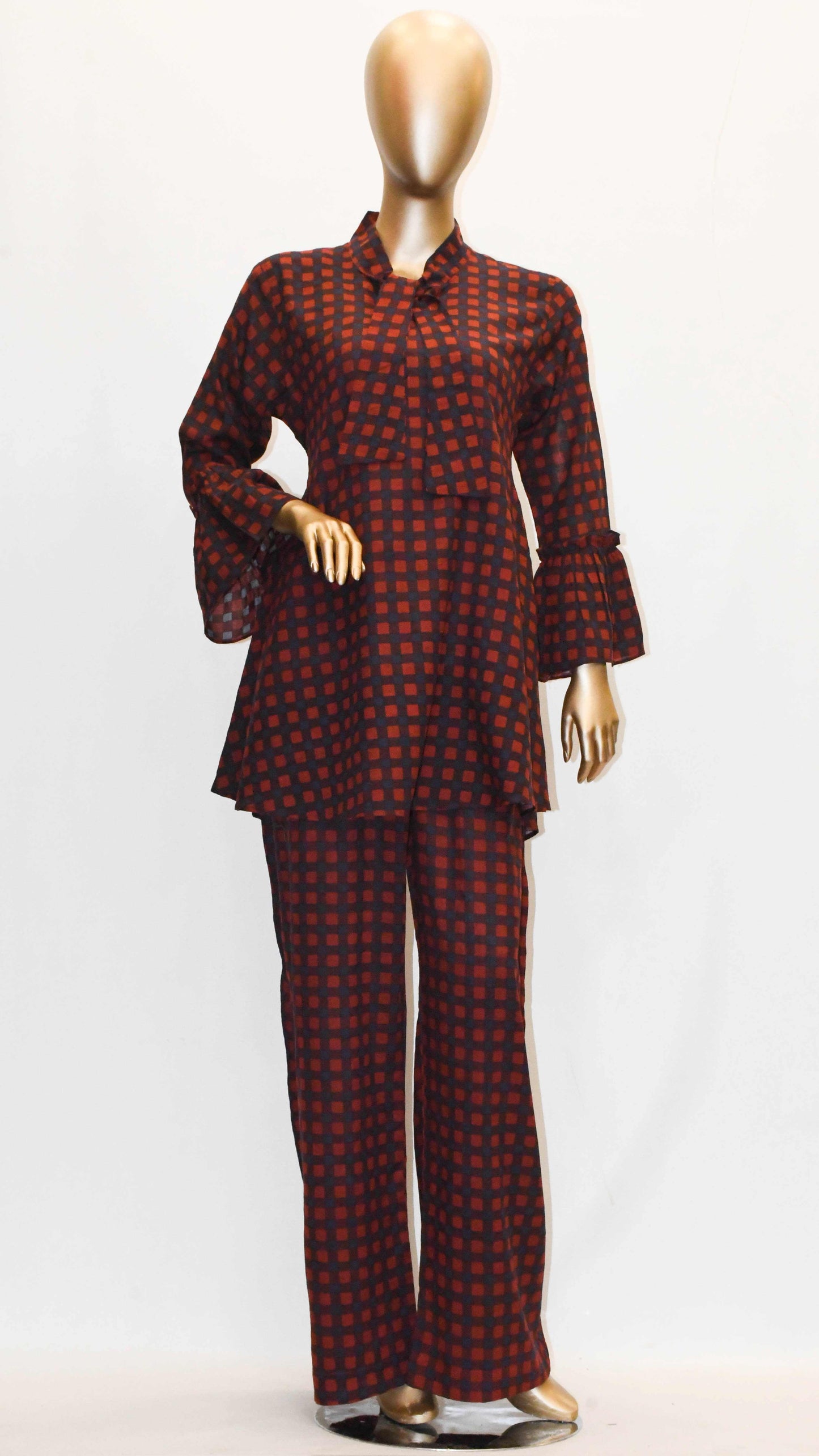 Tie Knot Lawn Co-Ord Set Maroon Check