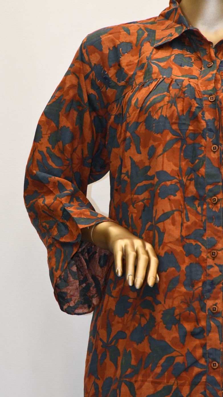 Co-Ord Set Collar Neck-Blue On Rust