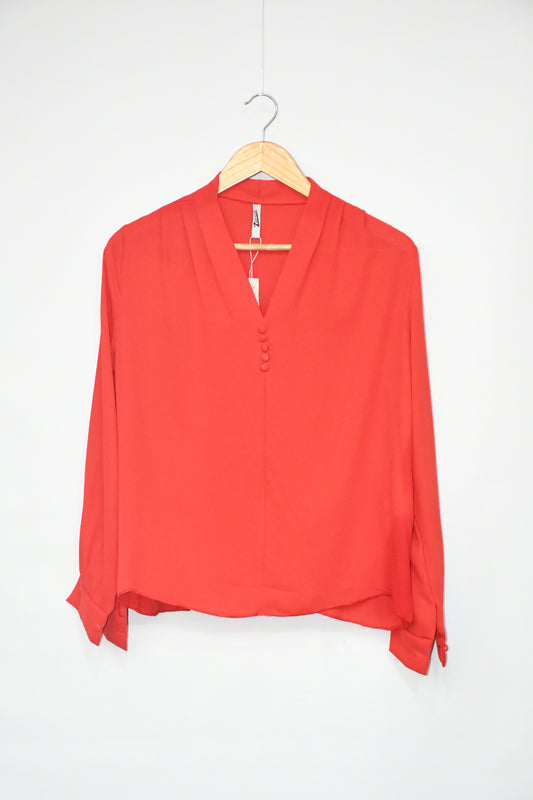 Top V neck buttoned-Candy Red
