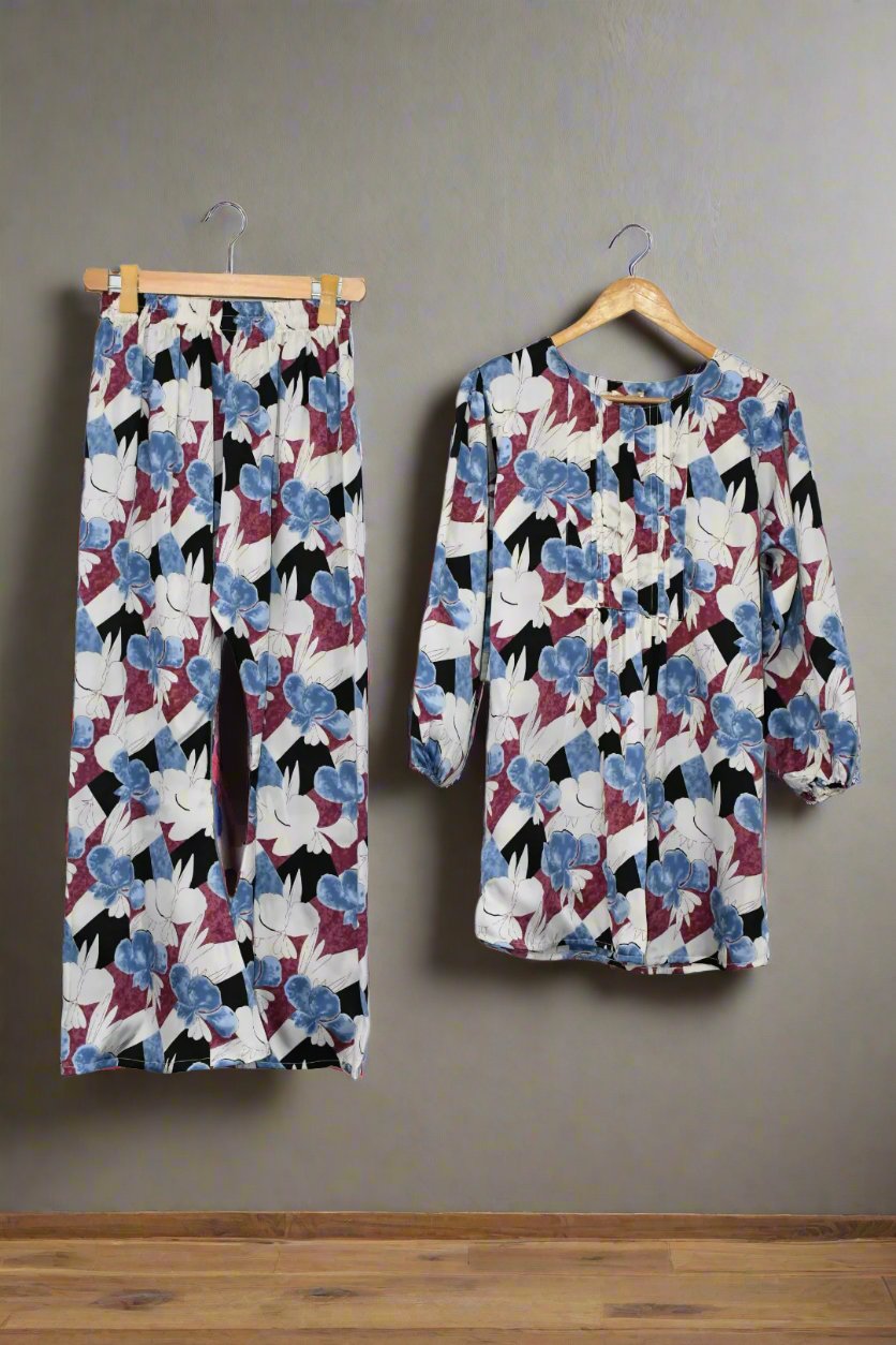 Printed Silk Two Piece-Blue Floral