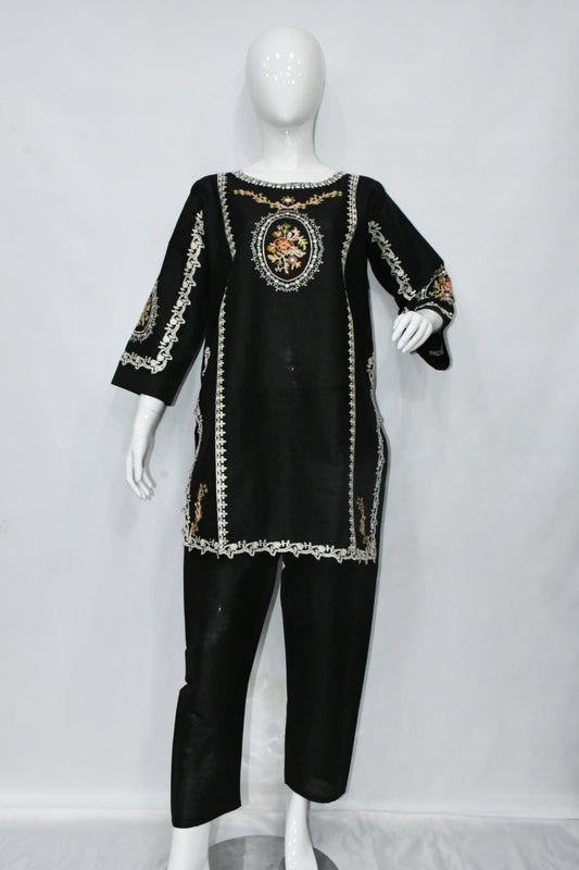 Ebony Black Vintage Embroidered Shirt and Trouser
