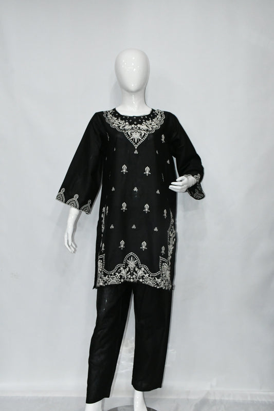 Metallic Black Embroidered Shirt and Trouser