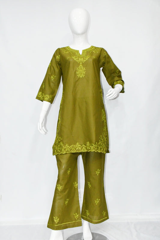 Olive Green Embroidered Shirt and Trouser