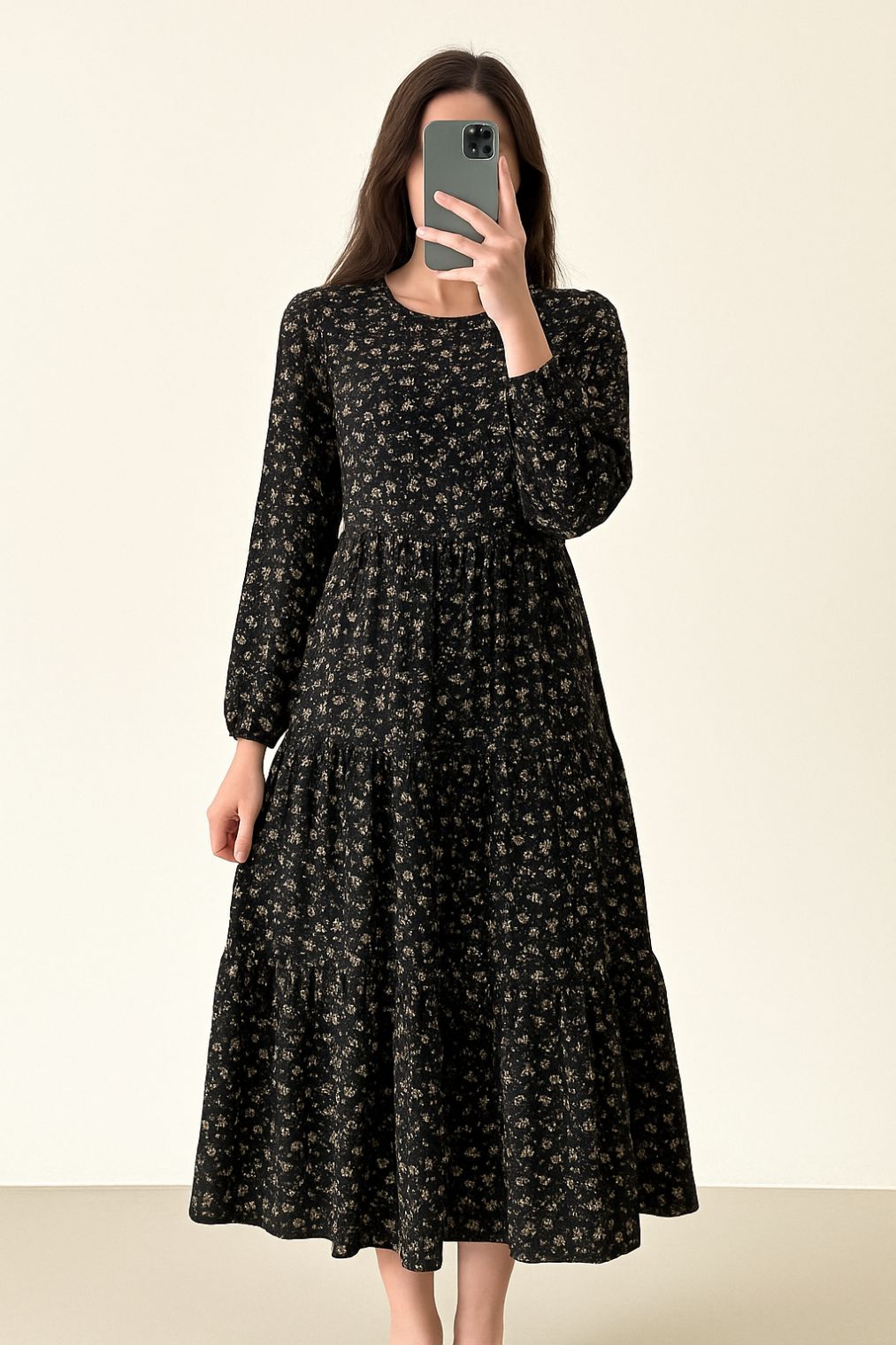 Maxi Regular Midi Dress-Black Floral