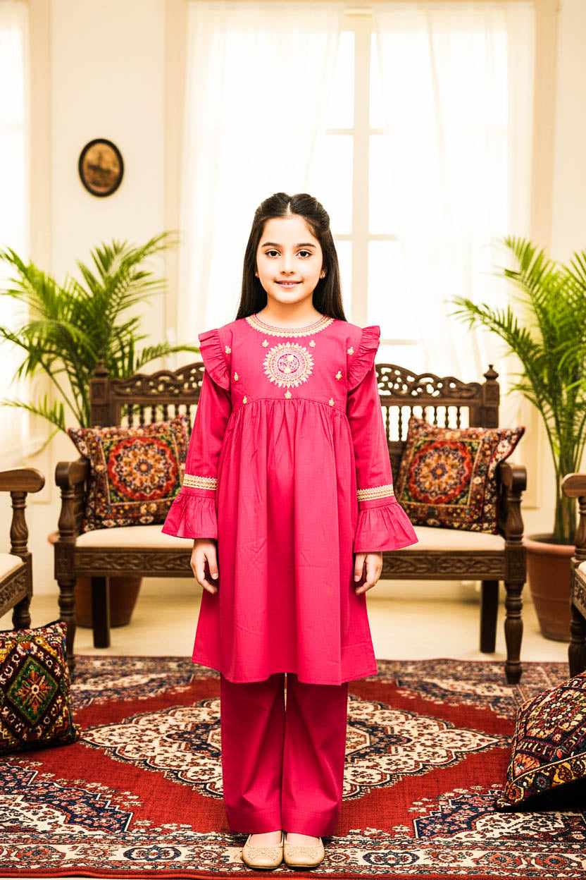 Embroidered Frock Style Kurta Set-Shocking Pink