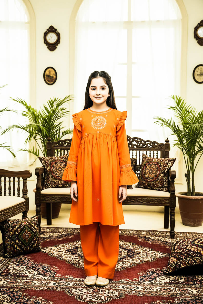 Embroidered Frock Style Kurta Set-0range