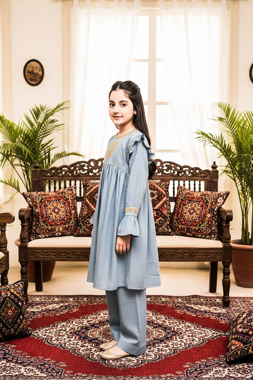 Embroidered Frock Style Kurta Set-Sky Blue