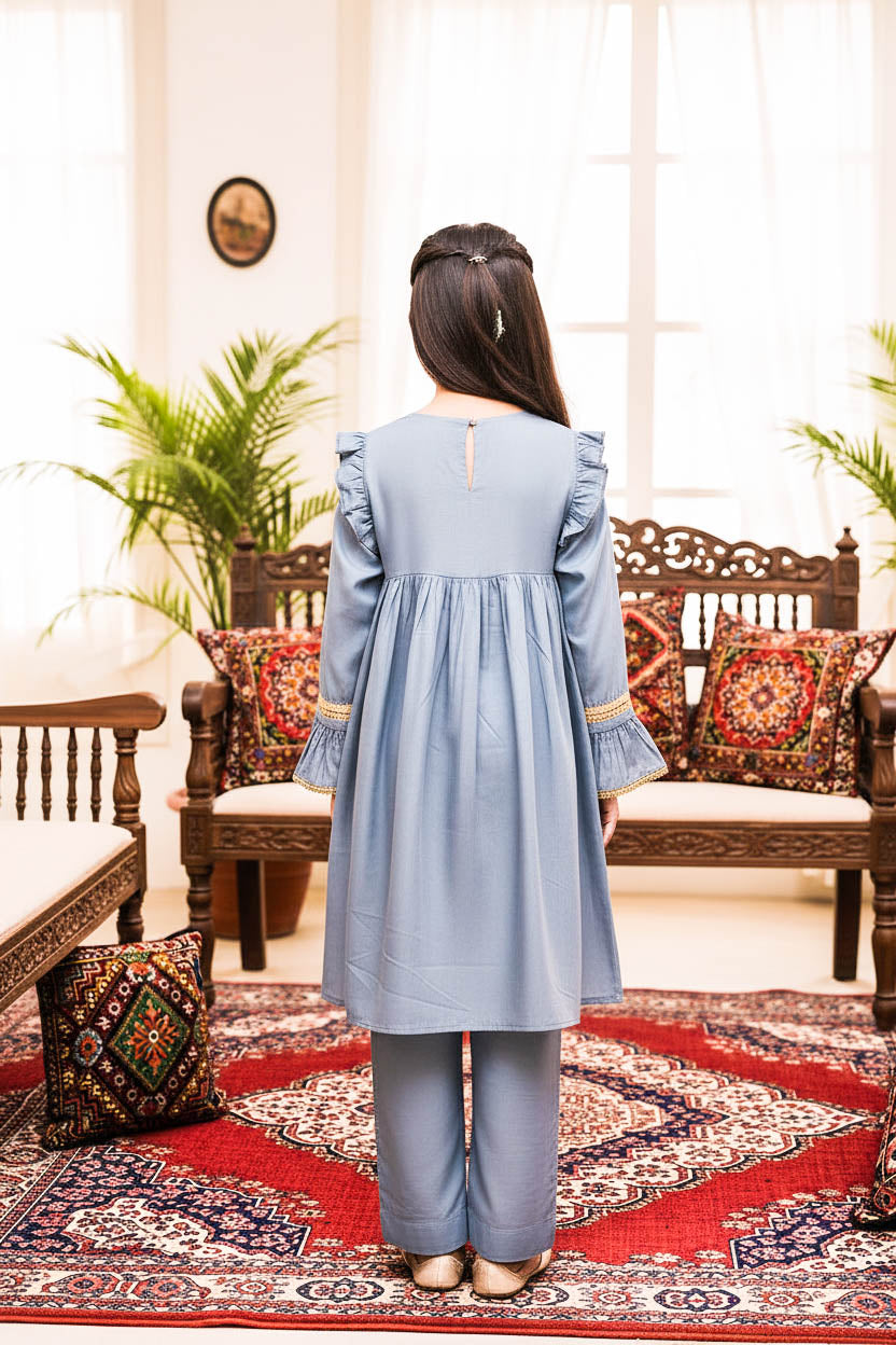 Embroidered Frock Style Kurta Set-Sky Blue