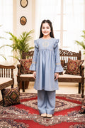 Embroidered Frock Style Kurta Set-Sky Blue