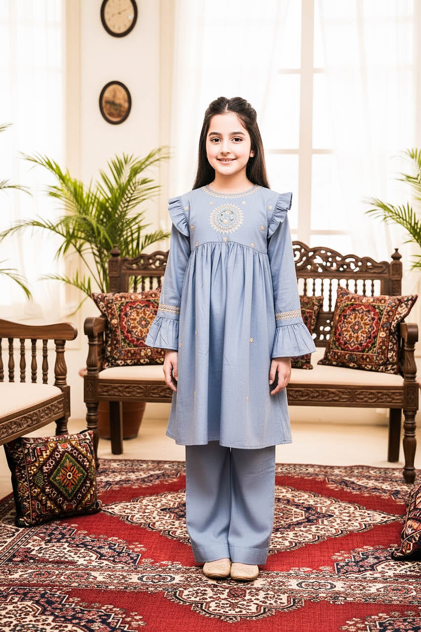 Embroidered Frock Style Kurta Set-Sky Blue