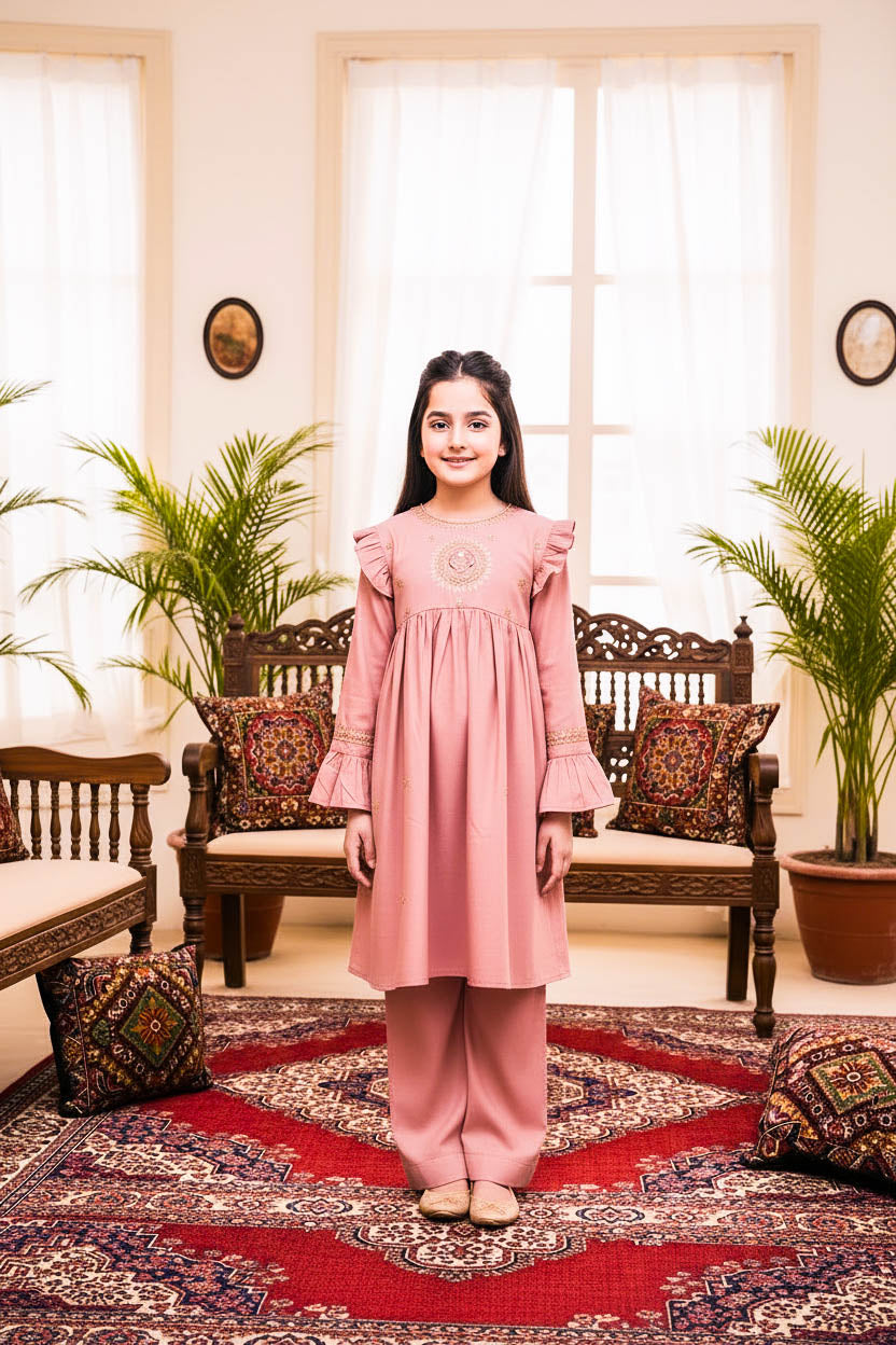 Embroidered Frock Style Kurta Set-Baby Pink