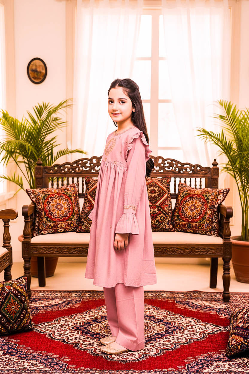 Embroidered Frock Style Kurta Set-Baby Pink