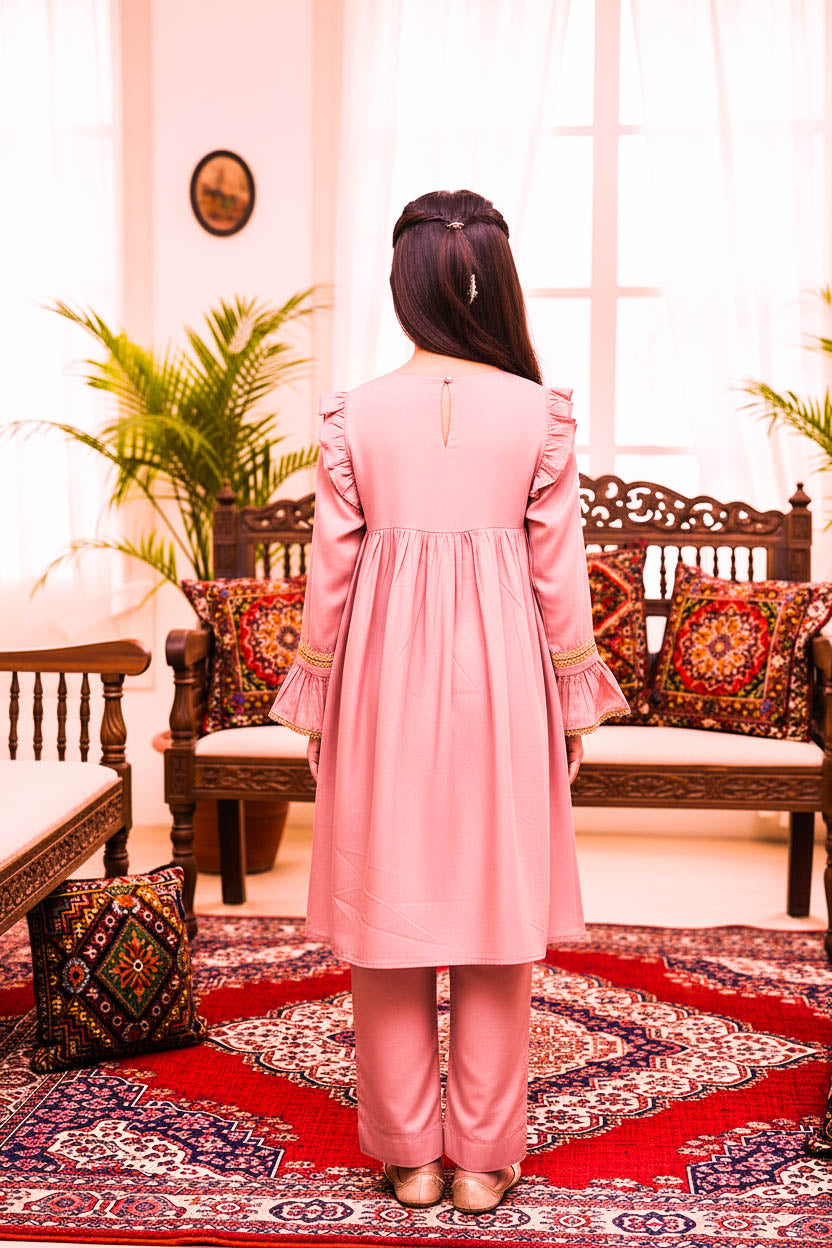 Embroidered Frock Style Kurta Set-Baby Pink