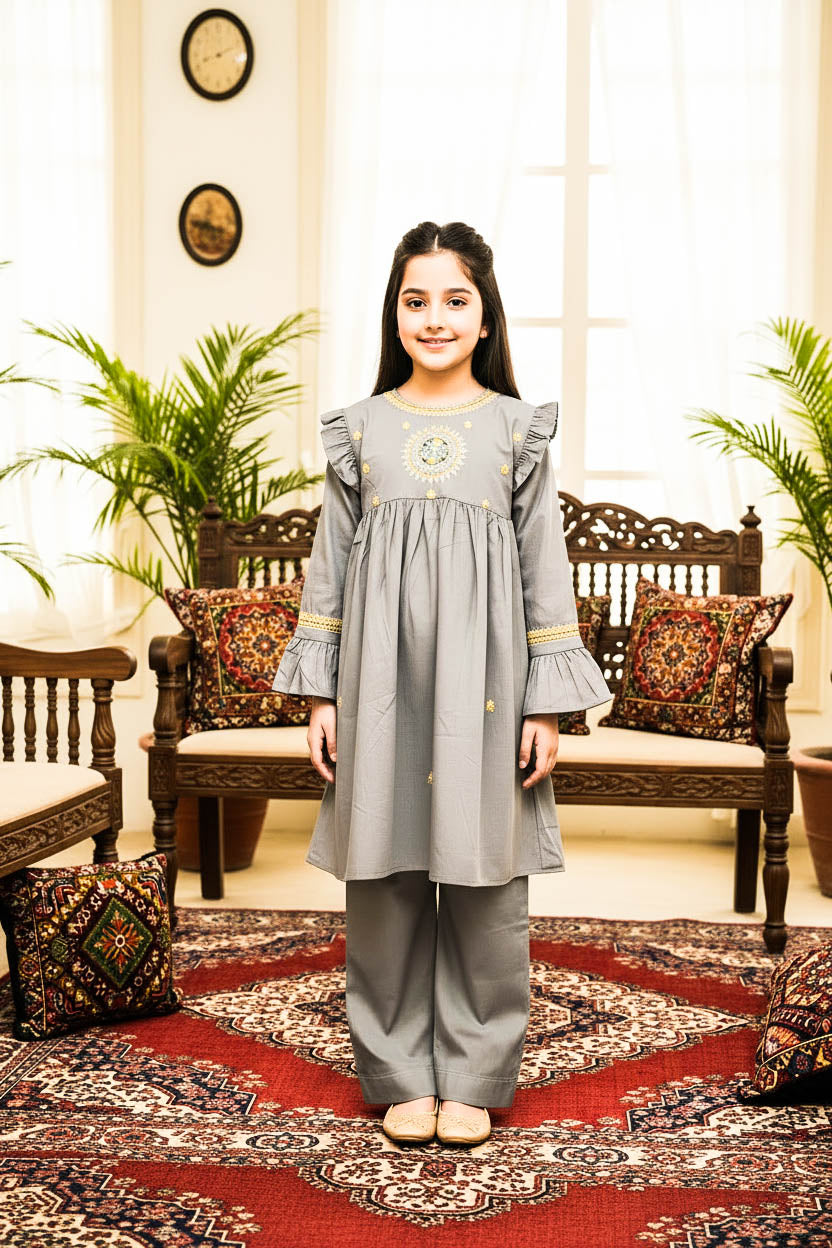 Embroidered Frock Style Kurta Set-Light Grey