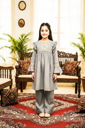 Embroidered Frock Style Kurta Set-Light Grey