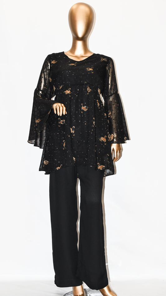 Co-Ord Set Bell Sleeves Floral Leaf On Black