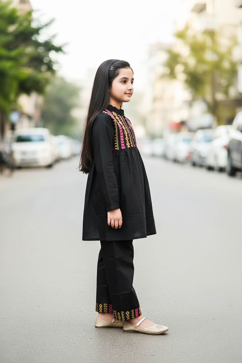 Elegant High Neck Style Kurta Set-Black