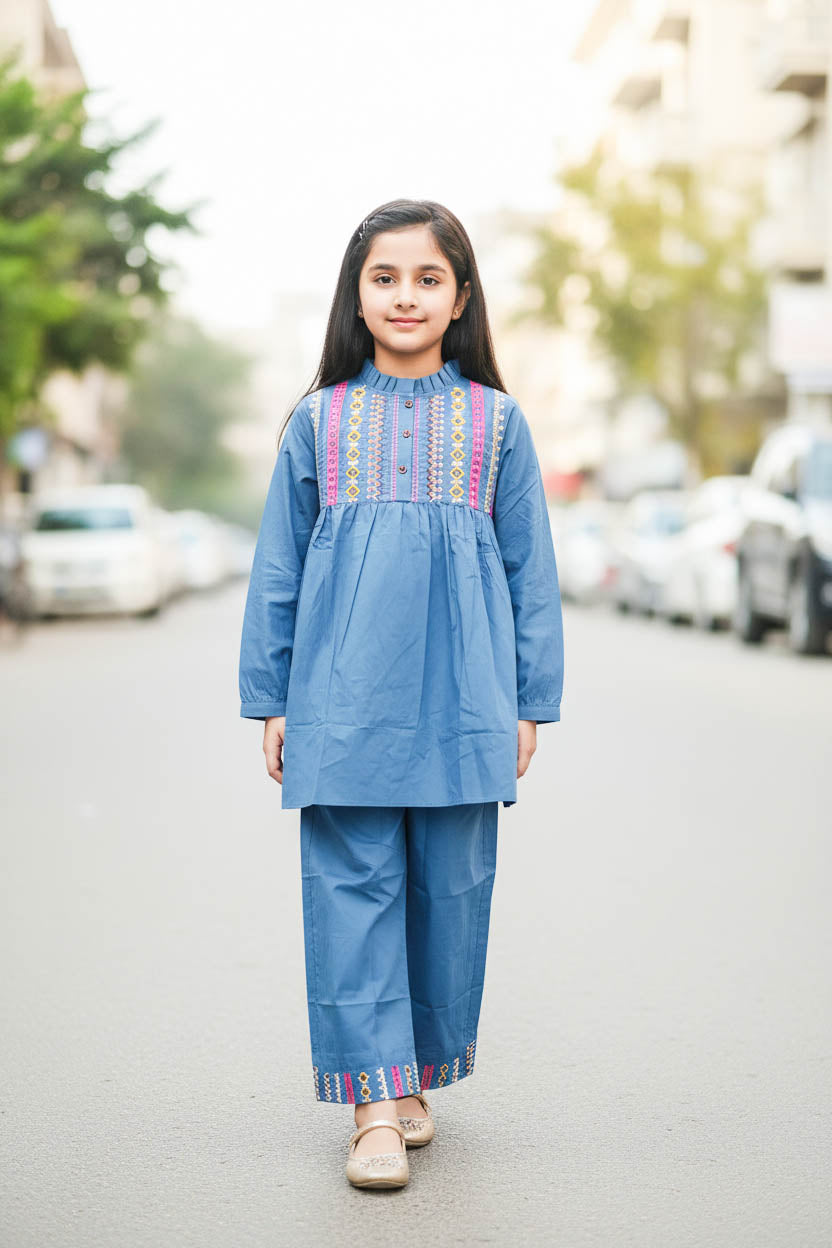 Elegant High Neck Style Kurta Set-Bluish Grey