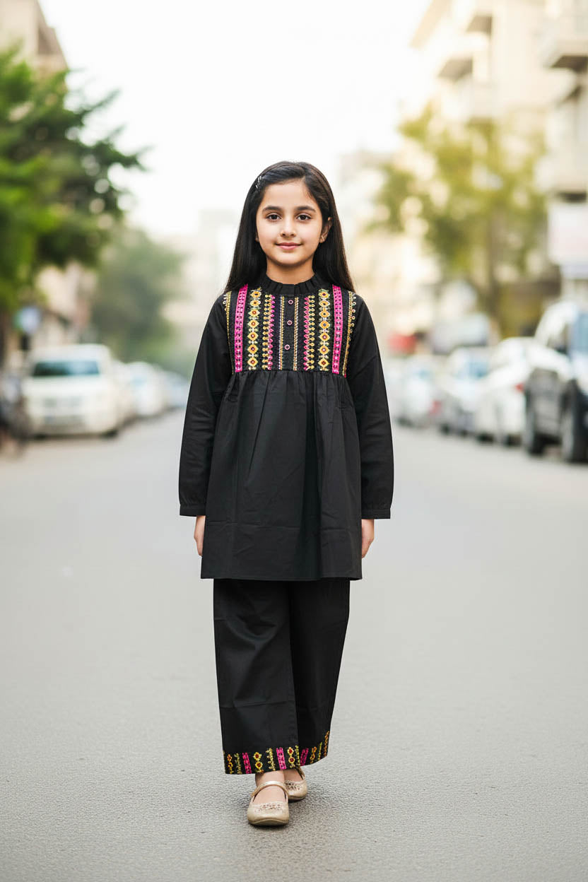 Elegant High Neck Style Kurta Set-Black