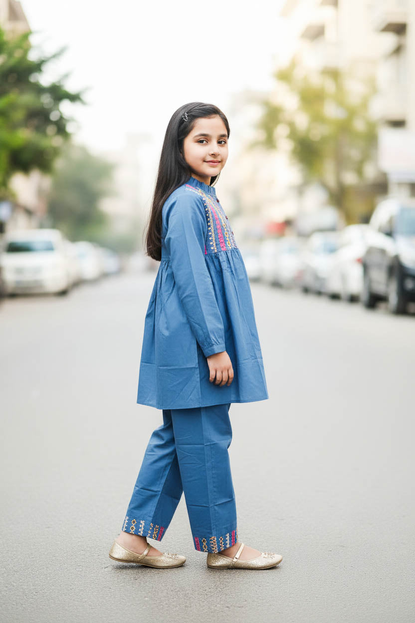 Elegant High Neck Style Kurta Set-Bluish Grey