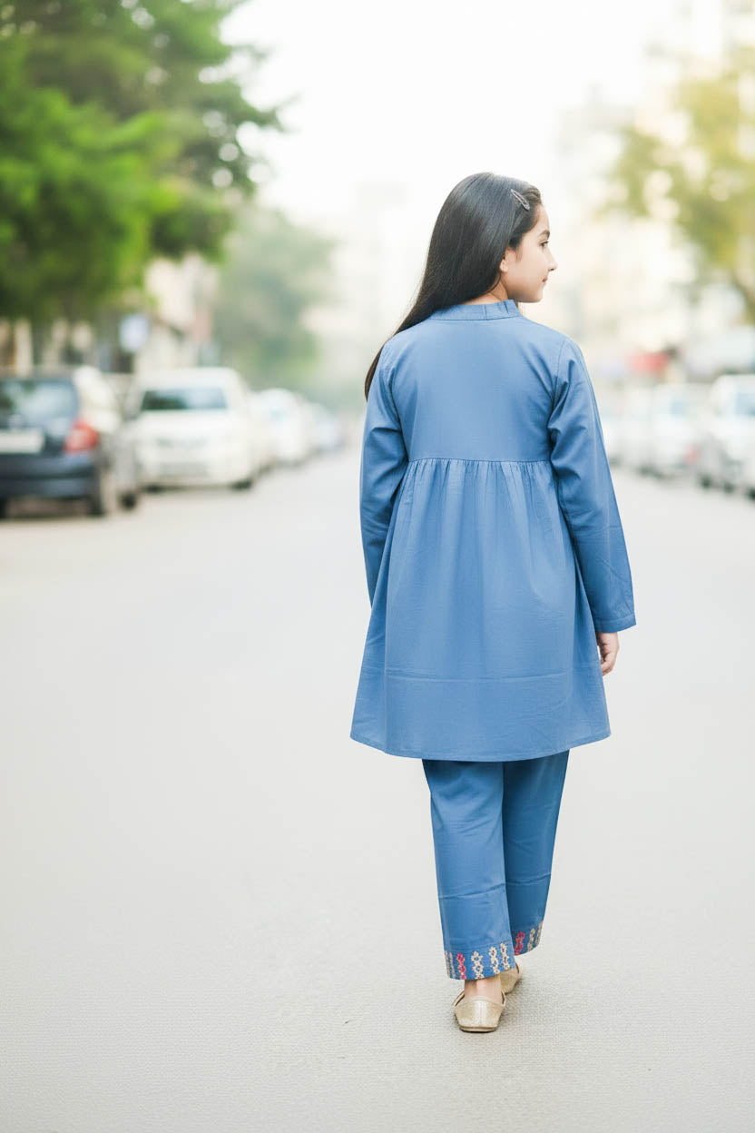 Elegant High Neck Style Kurta Set-Bluish Grey