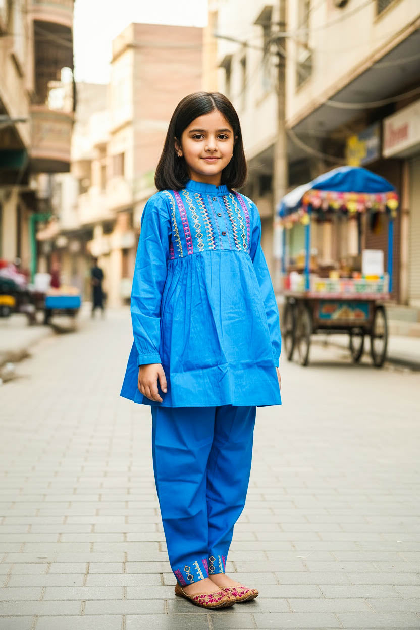 Elegant High Neck Style Kurta Set-Turquoise Blue