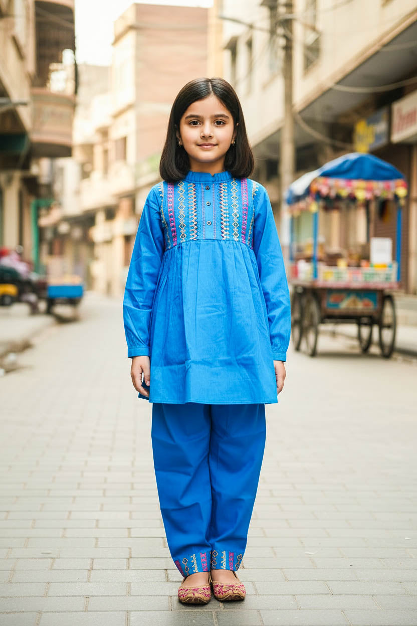 Elegant High Neck Style Kurta Set-Turquoise Blue