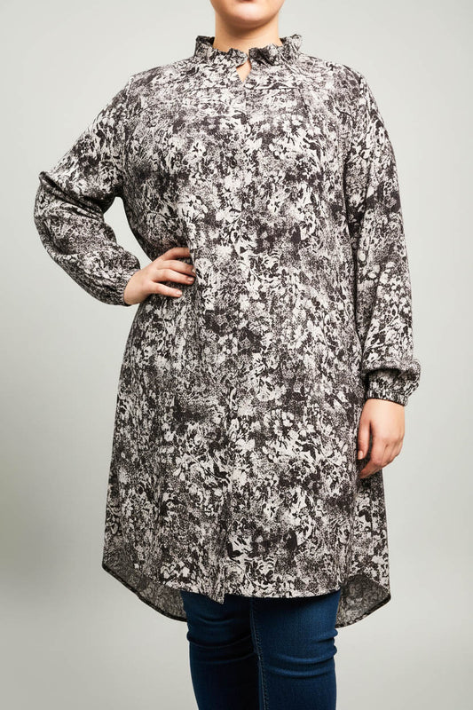 Gather Neck Plus Size Top-Abstract Grey